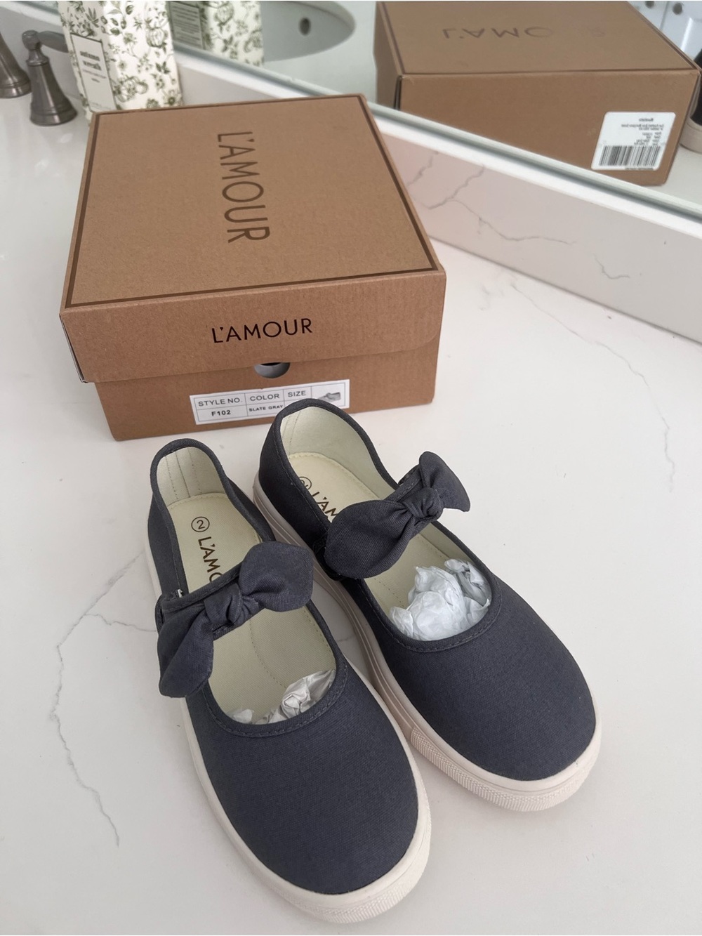L'Amour Girls' Black Canvas Bow Slip-On Flats